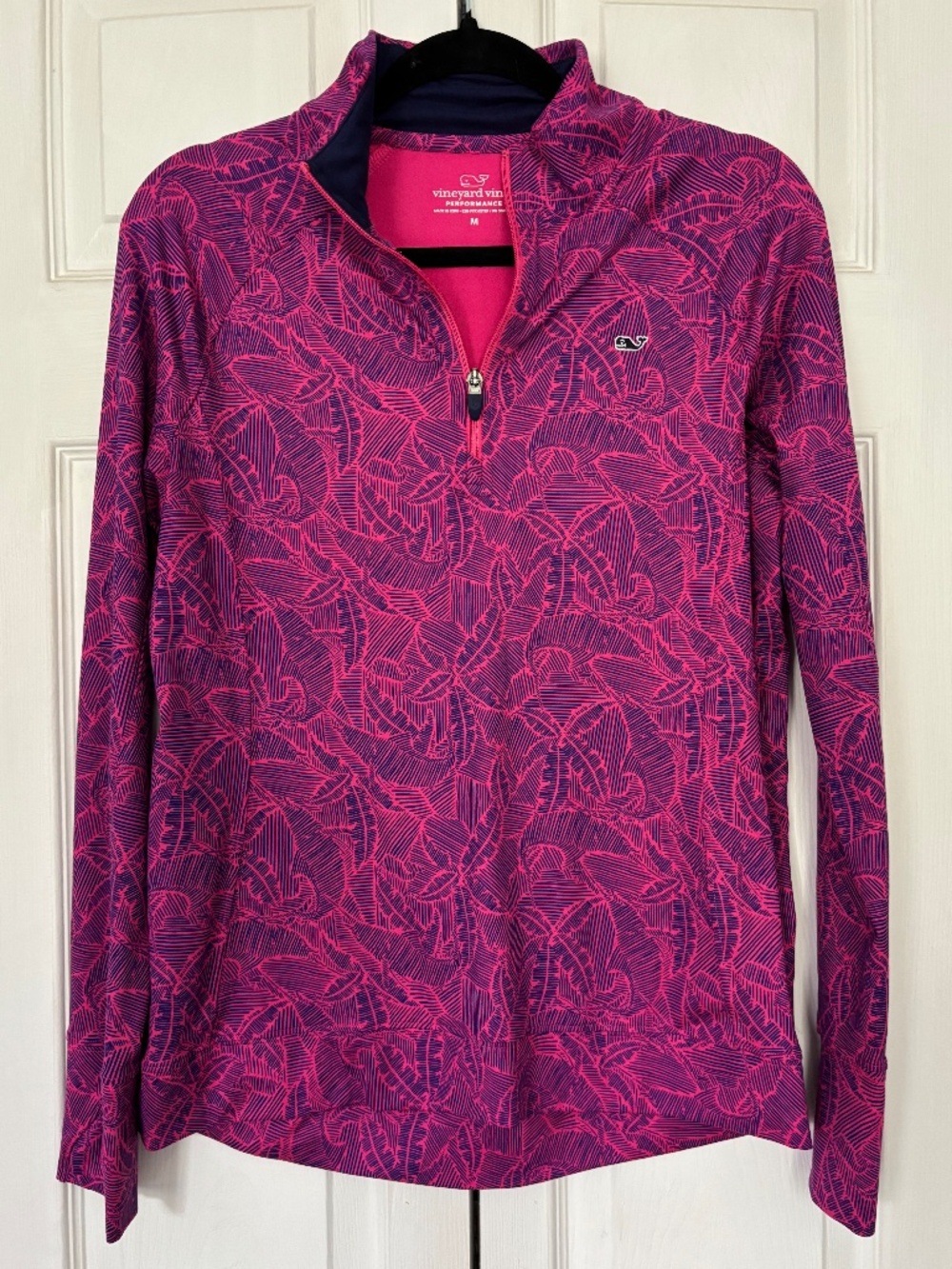 Vineyard Vines Performance Golf Quarter Zip Pink Blue Linear Palm Trees Size M